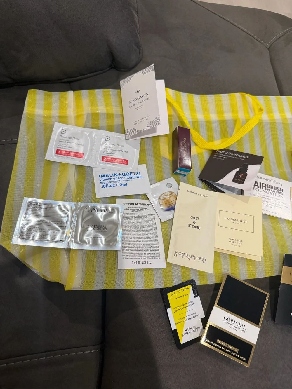 Nordstrom Assorted Luxury Skincare Sample Bundle on Yellow Stripe Tote